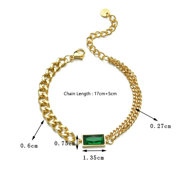 TEULRIP Anti Tarnish- Stainless Steel Green Diamond Cuban Chain Bracelet – Trendy & Durable Jewelry for Girls & Women