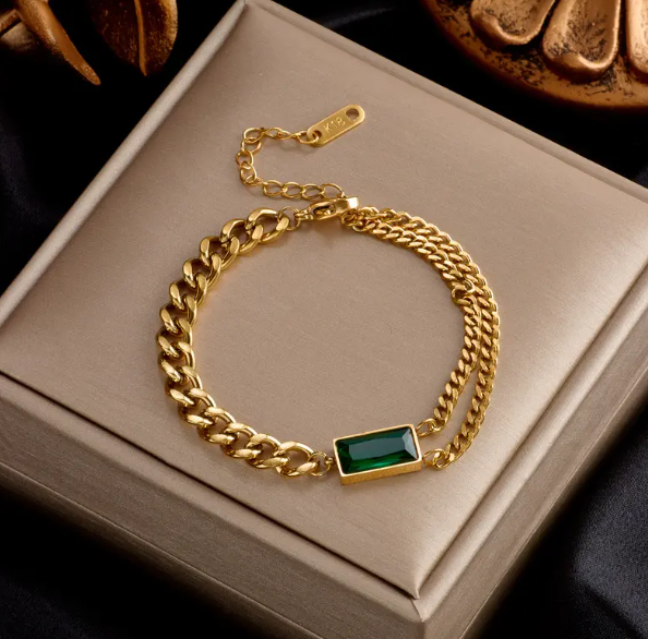 TEULRIP Anti Tarnish- Stainless Steel Green Diamond Cuban Chain Bracelet – Trendy & Durable Jewelry for Girls & Women