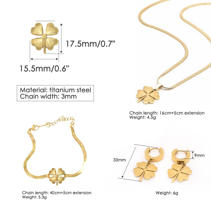 TEULRIP Anti-Tarnish Valentine Combo Set for Her – Stainless Steel Boho Snake Chain Clover Necklace, Titanium Steel Clover Earrings & Four-Leaf Clover Bracelet