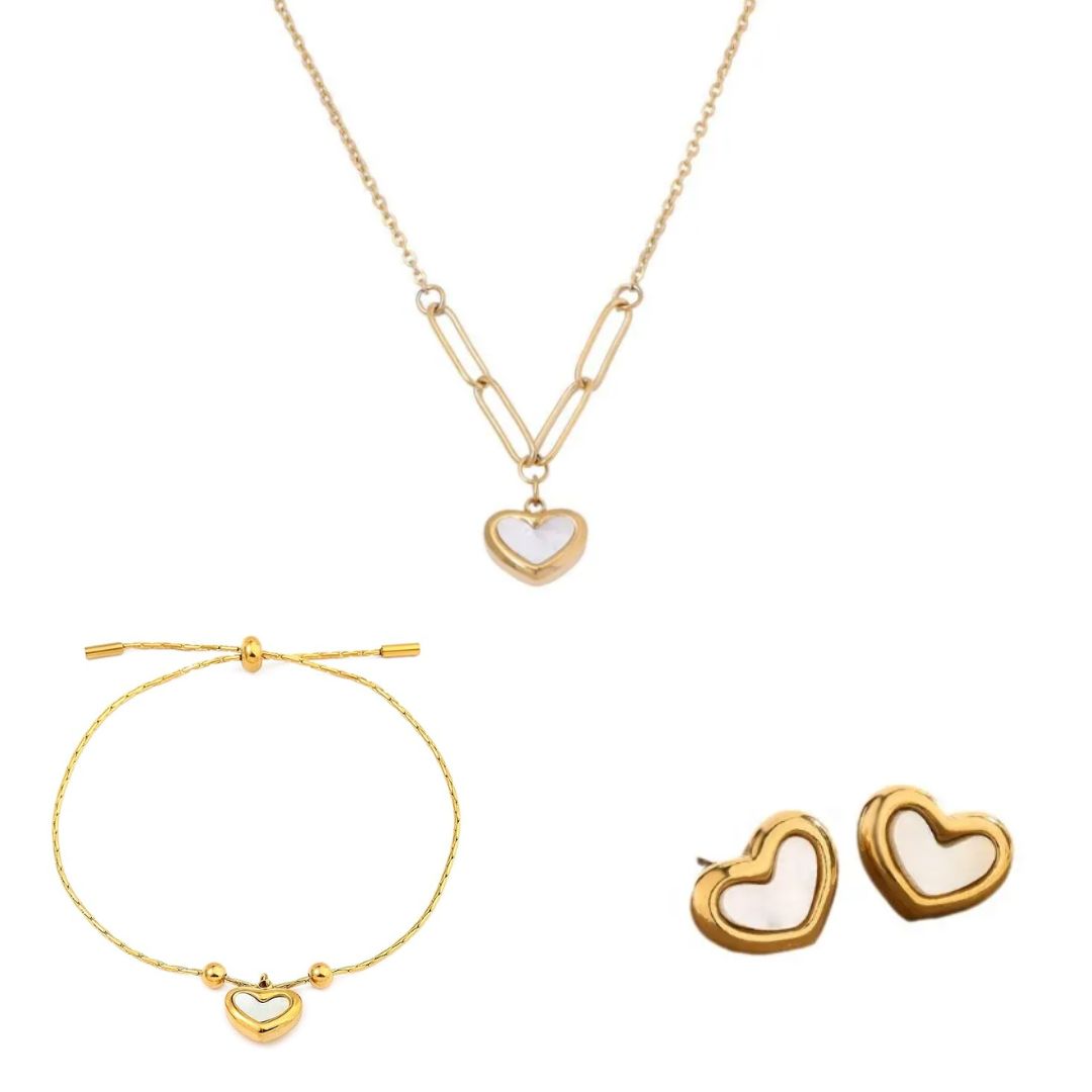 TEULRIP Anti-Tarnish Valentine Jewelry Set for Her & Girlfriend – Gold Plated Necklace, Opal Heart Stud Earrings & Charm Bracelet