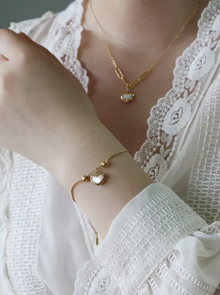 TEULRIP Anti-Tarnish Valentine Jewelry Set for Her & Girlfriend – Gold Plated Necklace, Opal Heart Stud Earrings & Charm Bracelet