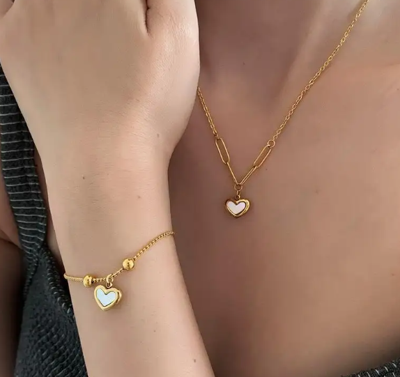 TEULRIP Anti-Tarnish Valentine Jewelry Set for Her & Girlfriend – Gold Plated Necklace, Opal Heart Stud Earrings & Charm Bracelet