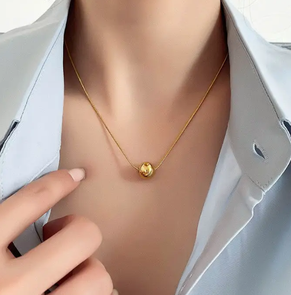 TEULRIP Anti-Tarnish Valentine Combo Set for Her – Stainless Steel Gold Plated Slide Ball Necklace & Floating Ball Earrings