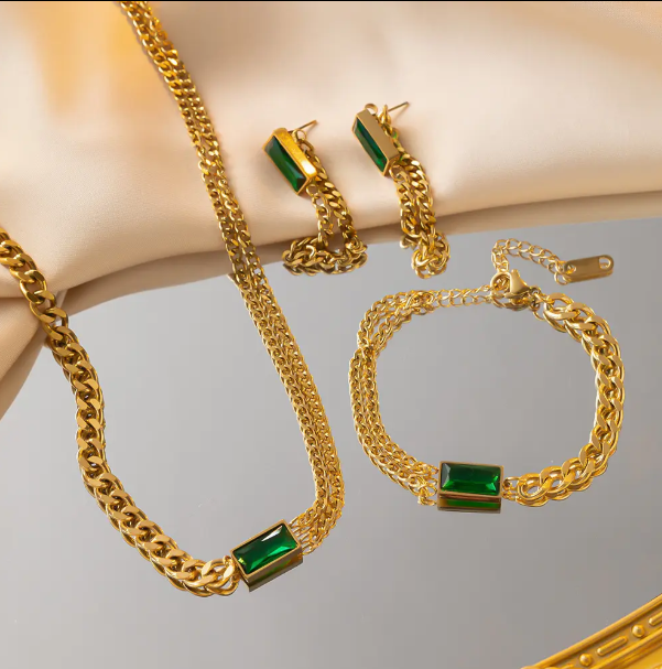 TEULRIP Anti-Tarnish Valentine Combo Set for Her – Stainless Steel Geometric Square Green Crystal Pendant Choker Necklace, Cuban Chain Bracelet & Cuban Chain Earrings