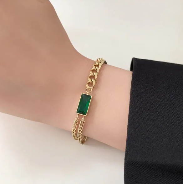 TEULRIP Anti-Tarnish Valentine Combo Set for Her – Stainless Steel Geometric Square Green Crystal Pendant Choker Necklace, Cuban Chain Bracelet & Cuban Chain Earrings