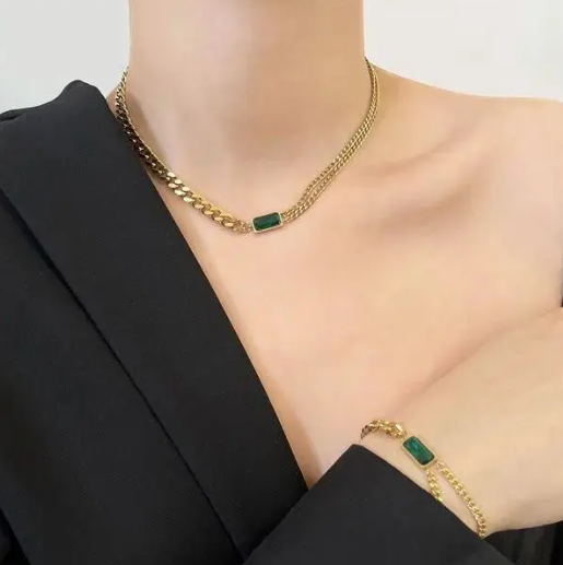 TEULRIP Anti-Tarnish Valentine Combo Set for Her – Stainless Steel Geometric Square Green Crystal Pendant Choker Necklace, Cuban Chain Bracelet & Cuban Chain Earrings