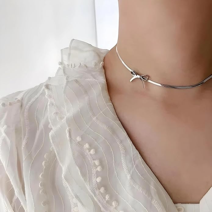 TEULRIP Fashionable Stylish Bow Choker Stainless Steel Snake Chain Necklace for Girls & Women
