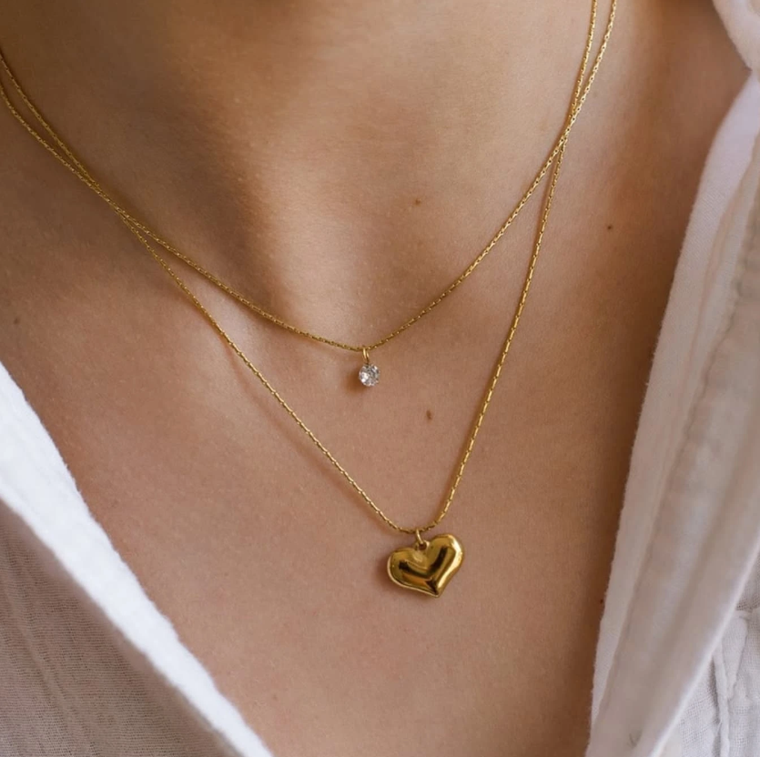 TEULRIP Double Layer Chain Charm Necklace Gold Plated Stainless Steel- Heart Pendant with Cubic Zirconia Stone for Girls & Women