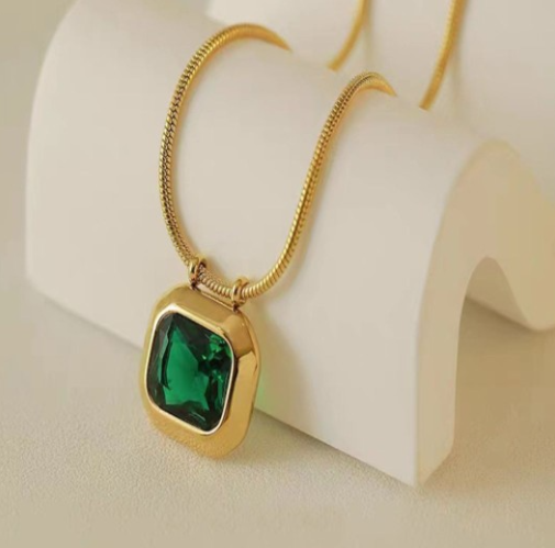TEULRIP Anti Tarnish Waterproof Stainless Steel Snake Chain Necklace Gold Plated Green Stone Cubic Zirconia Pendant for Girls & Women