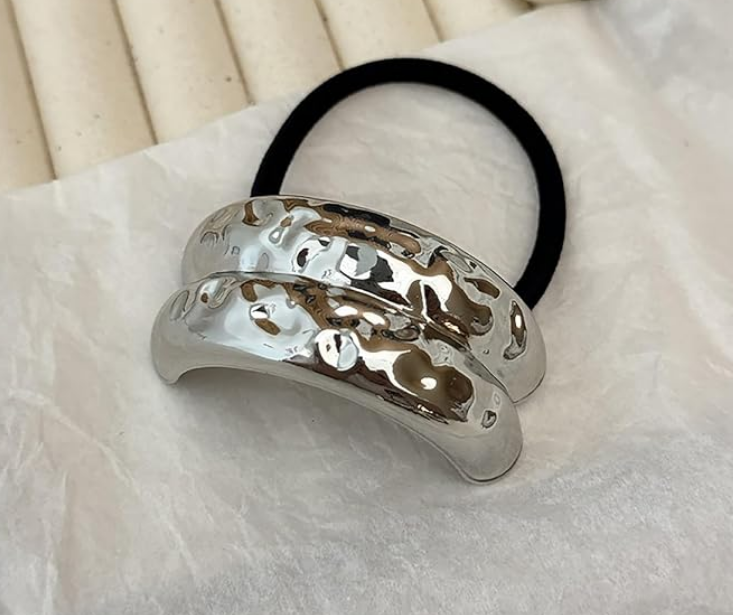 TEULRIP Hammered Silver Metal Double Curved Elastic Hair Cuff -Elegant & Stylish Hair Accessory for Girls & Women