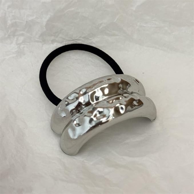 TEULRIP Hammered Silver Metal Double Curved Elastic Hair Cuff -Elegant & Stylish Hair Accessory for Girls & Women