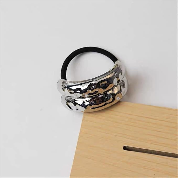 TEULRIP Hammered Silver Metal Double Curved Elastic Hair Cuff -Elegant & Stylish Hair Accessory for Girls & Women