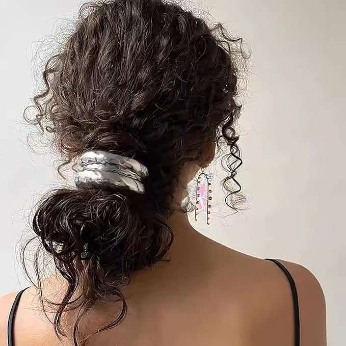 TEULRIP Hammered Silver Metal Double Curved Elastic Hair Cuff -Elegant & Stylish Hair Accessory for Girls & Women