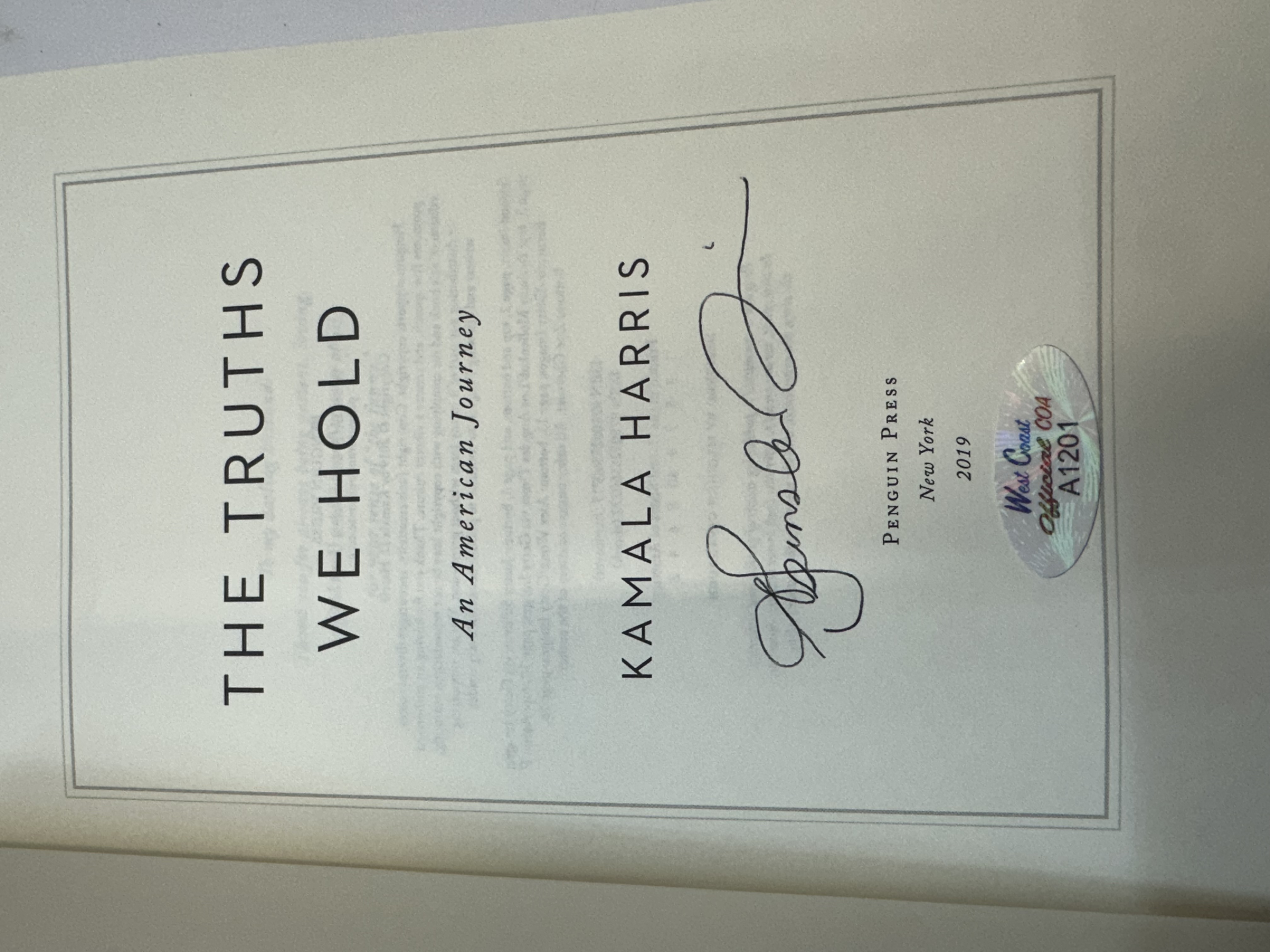 A1201 The truth we hold an American journey by Kamala Harris signed autograph copy