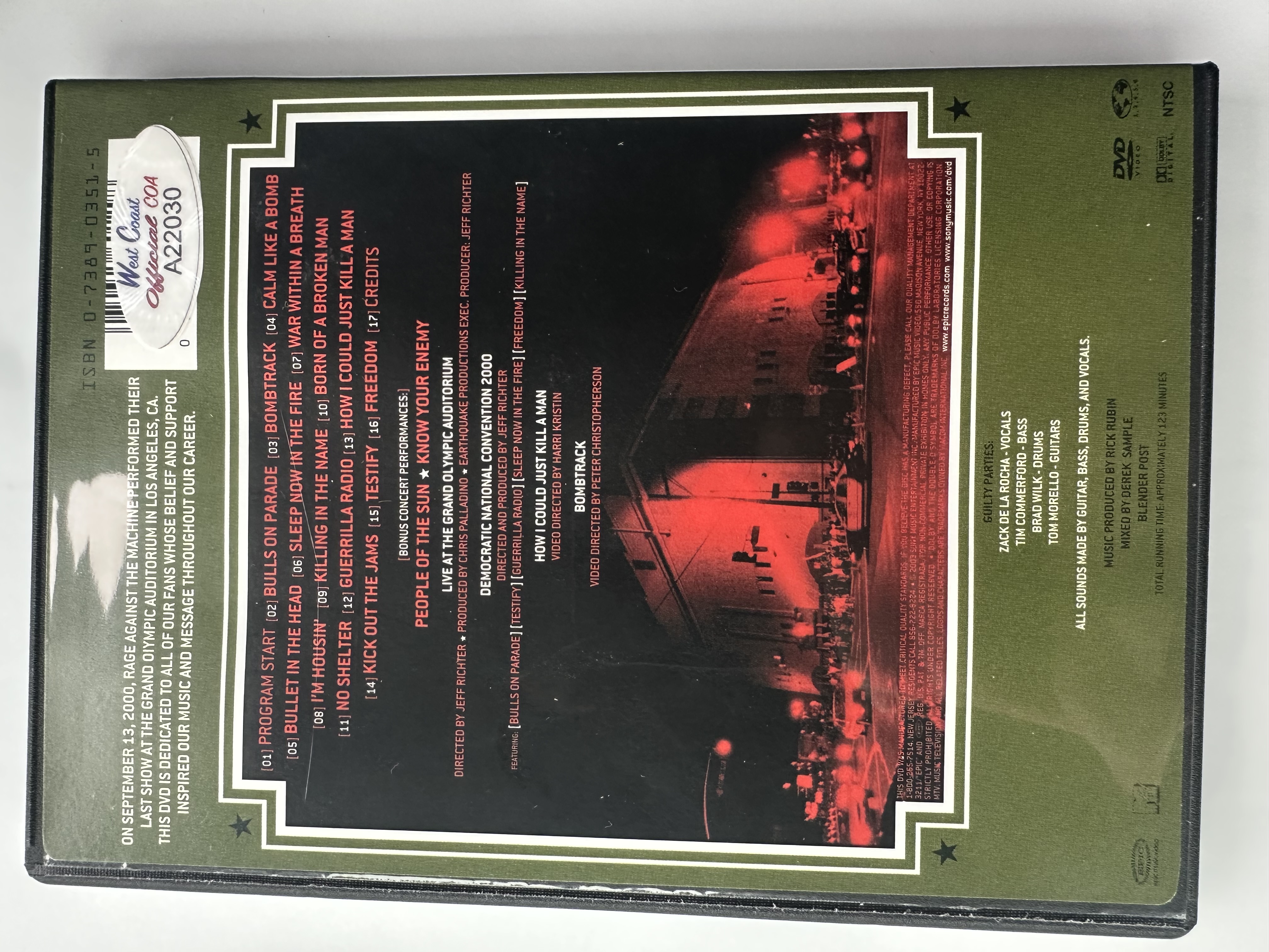 A22030 rage against the machine live at the grand Olympic auditorium DVD signed by Tom Morello