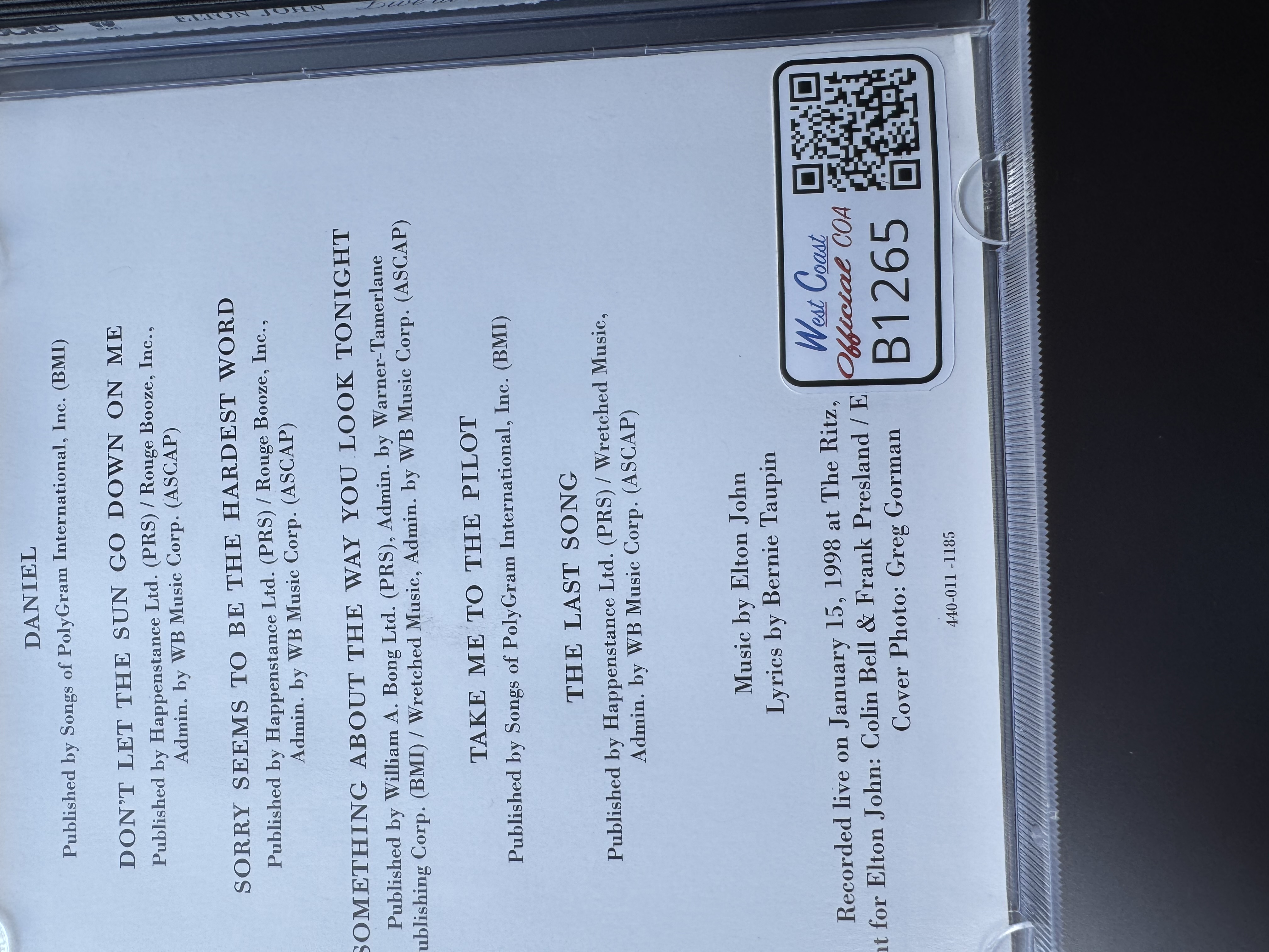 B 1265 Elton John live at the Ritz Limited edition signed autograph CD booklet