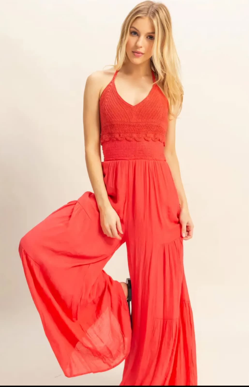 Halter Jumpsuit with crochet top detail