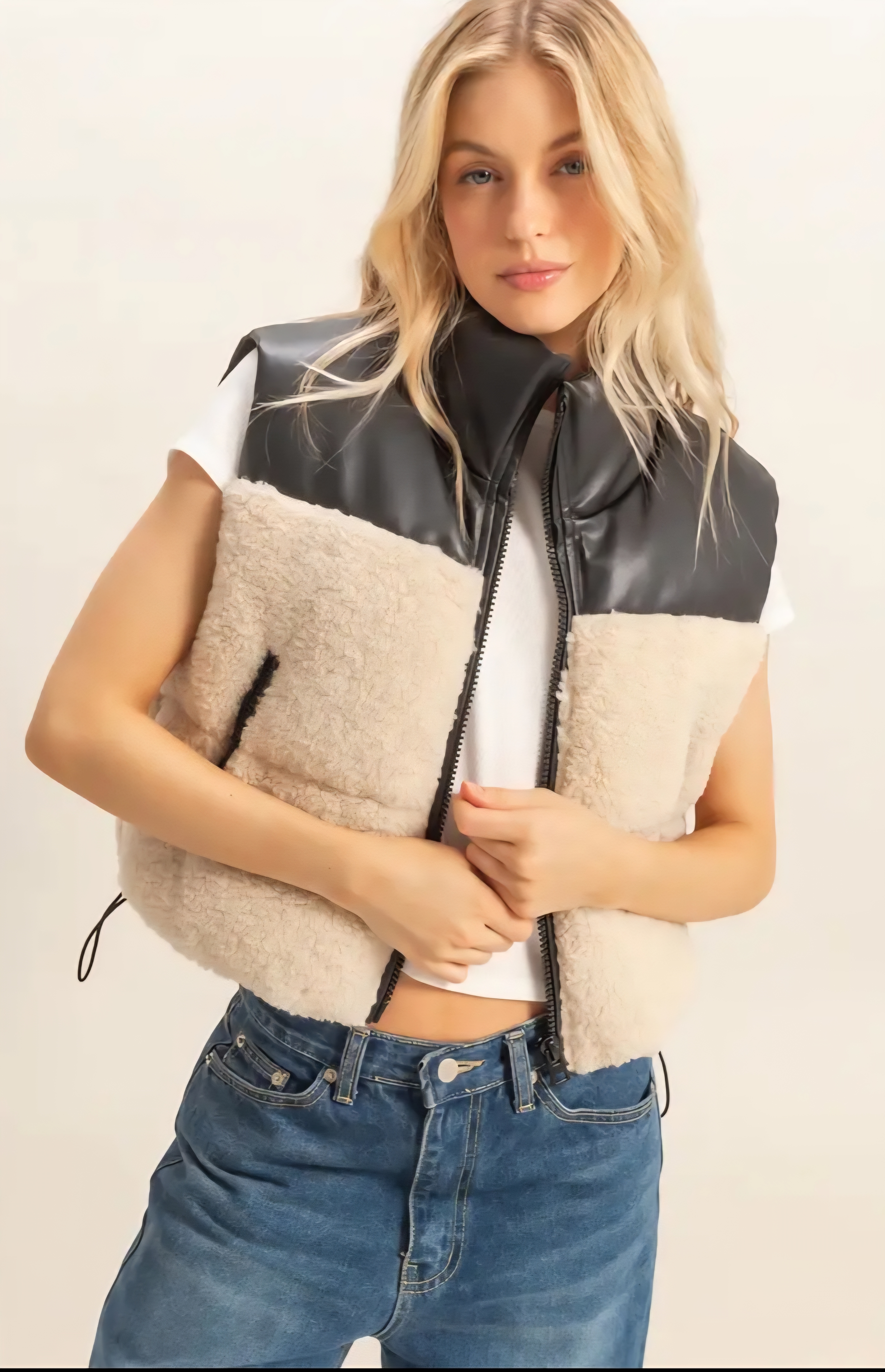 Contrast Shearling and Leather Vest
