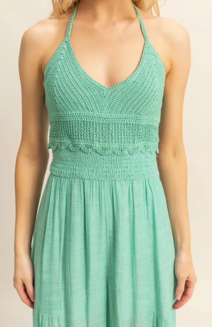 Halter Jumpsuit with crochet top detail