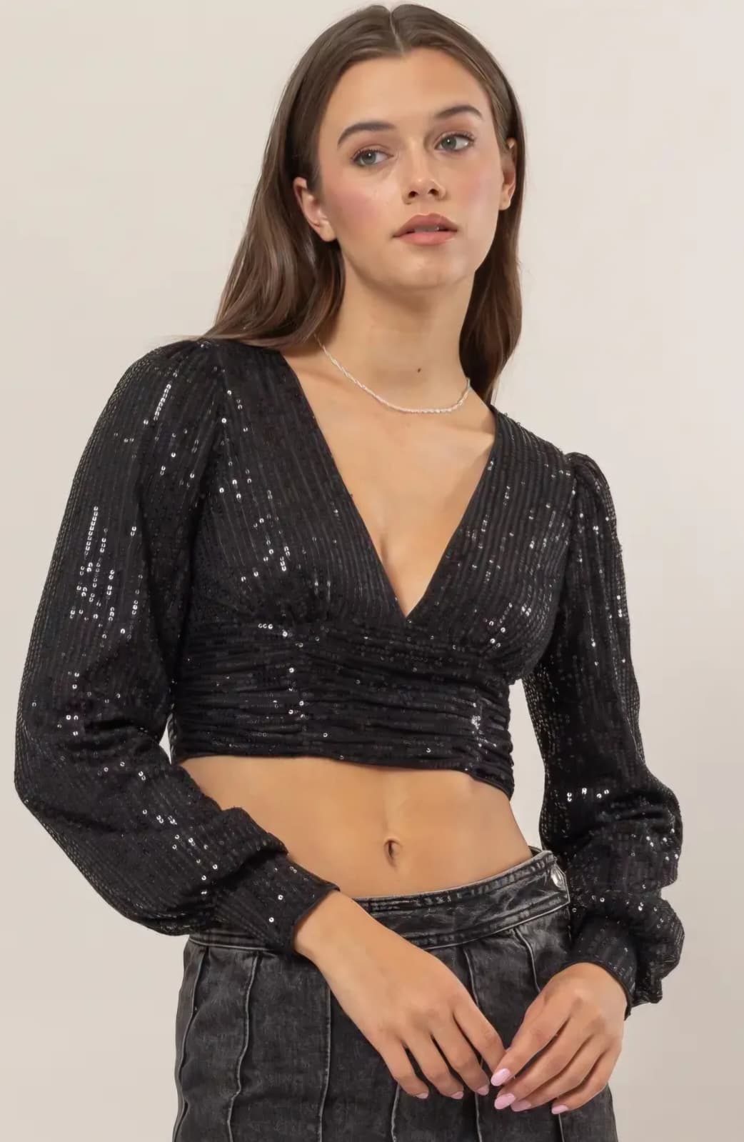 Silver Sequin Long Sleeve Crop Top