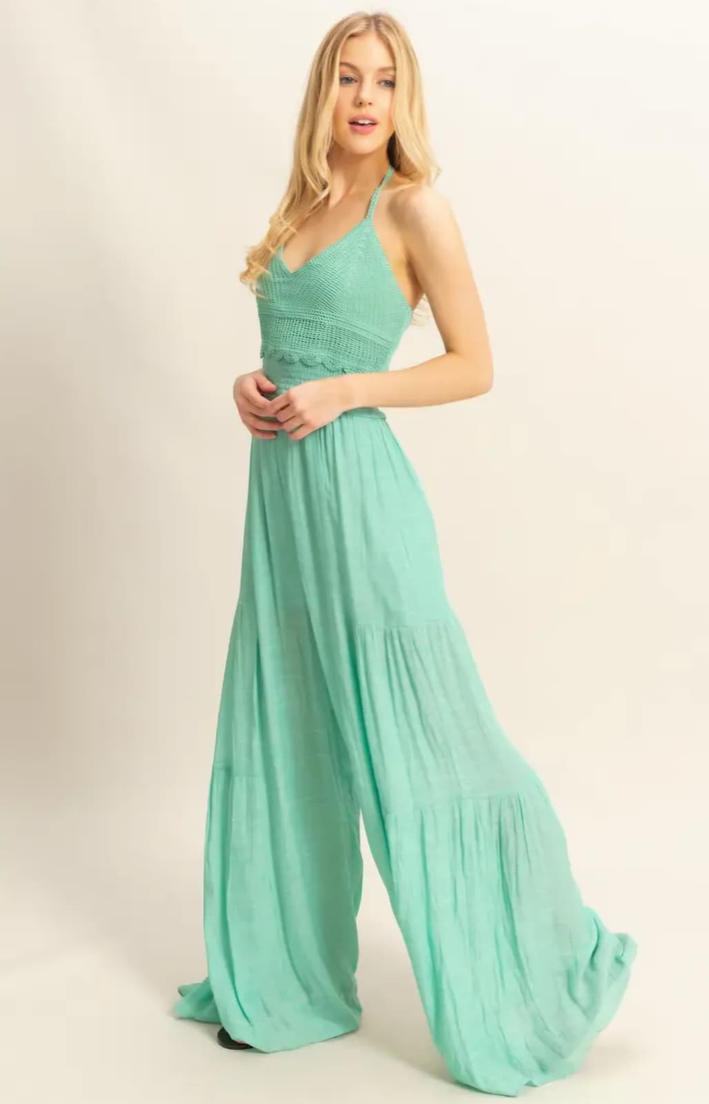 Halter Jumpsuit with crochet top detail