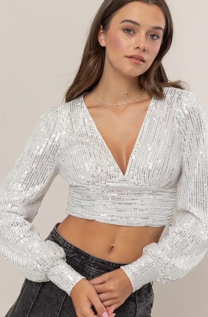 Silver Sequin Long Sleeve Crop Top