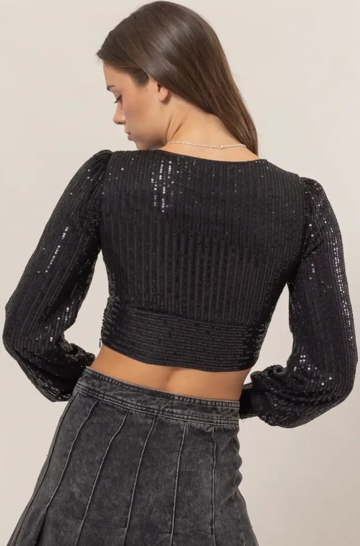 Silver Sequin Long Sleeve Crop Top