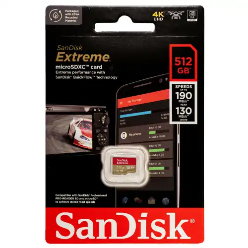 SanDisk Extreme 512GB 190mbps microSDXC UHS-I Memory Card 