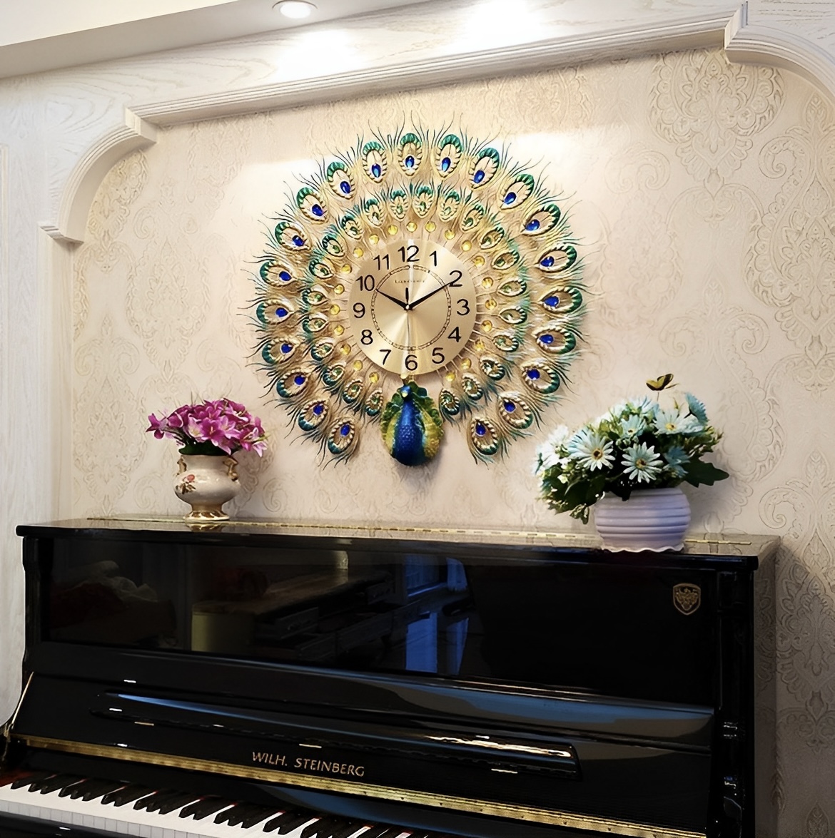 3-D Peacock wall Clock Home Decoration European Peacock Wall Clock Crystal Luxury Living Room Creative Personality Art, Metal, Blue, Birds