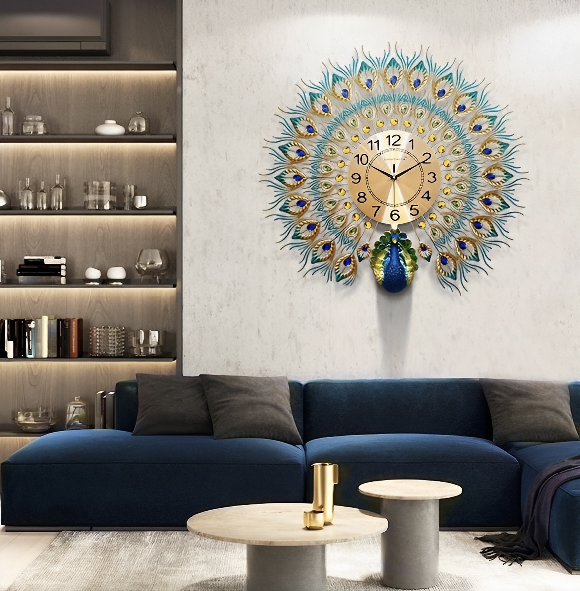3-D Peacock wall Clock Home Decoration European Peacock Wall Clock Crystal Luxury Living Room Creative Personality Art, Metal, Blue, Birds