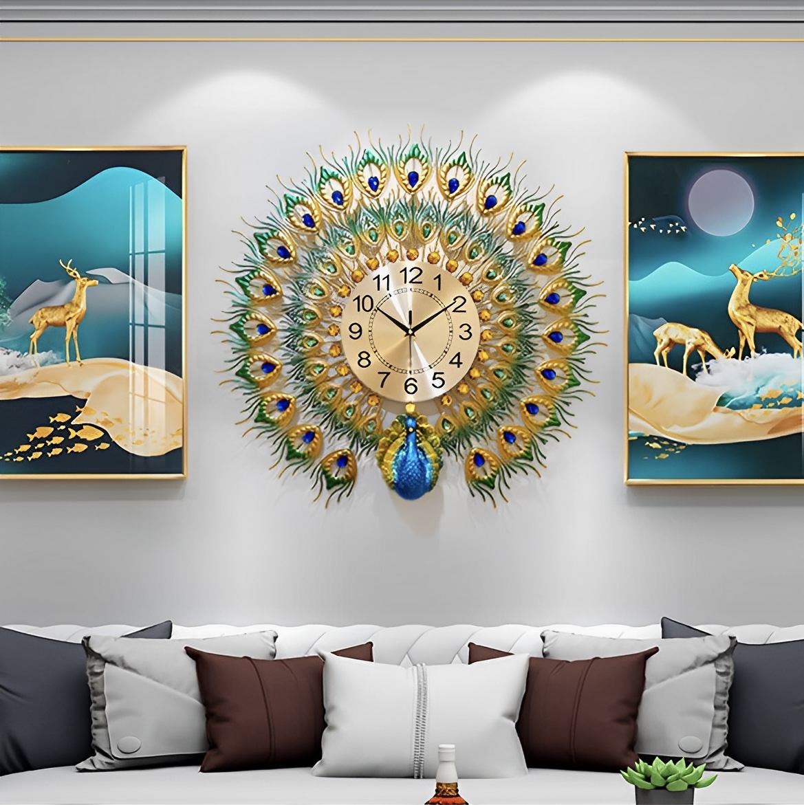 3-D Peacock wall Clock Home Decoration European Peacock Wall Clock Crystal Luxury Living Room Creative Personality Art, Metal, Blue, Birds