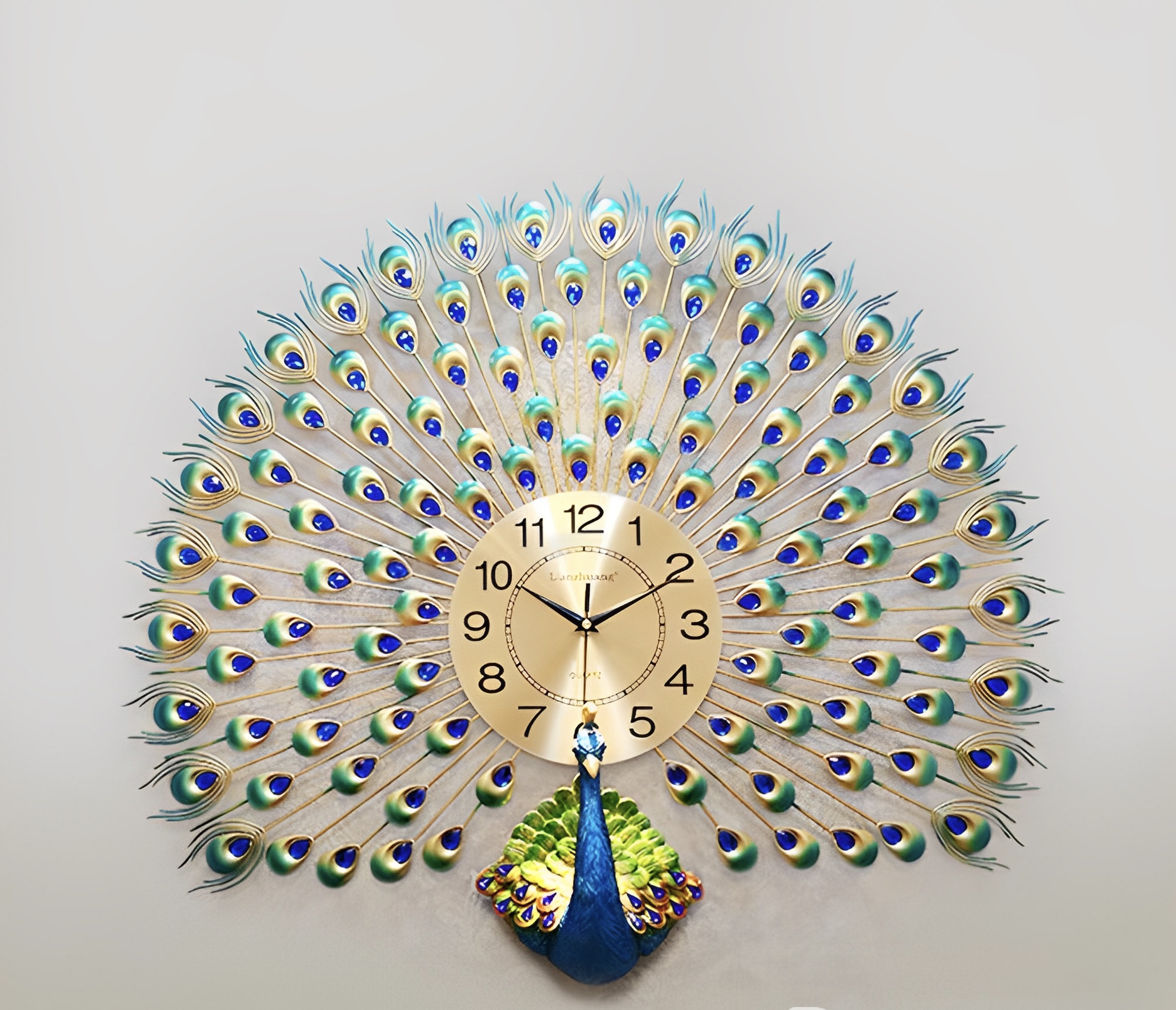 3-D Peacock wall Clock Home Decoration European Peacock Wall Clock Crystal Luxury Living Room Creative Personality Art, Metal, Blue, Birds