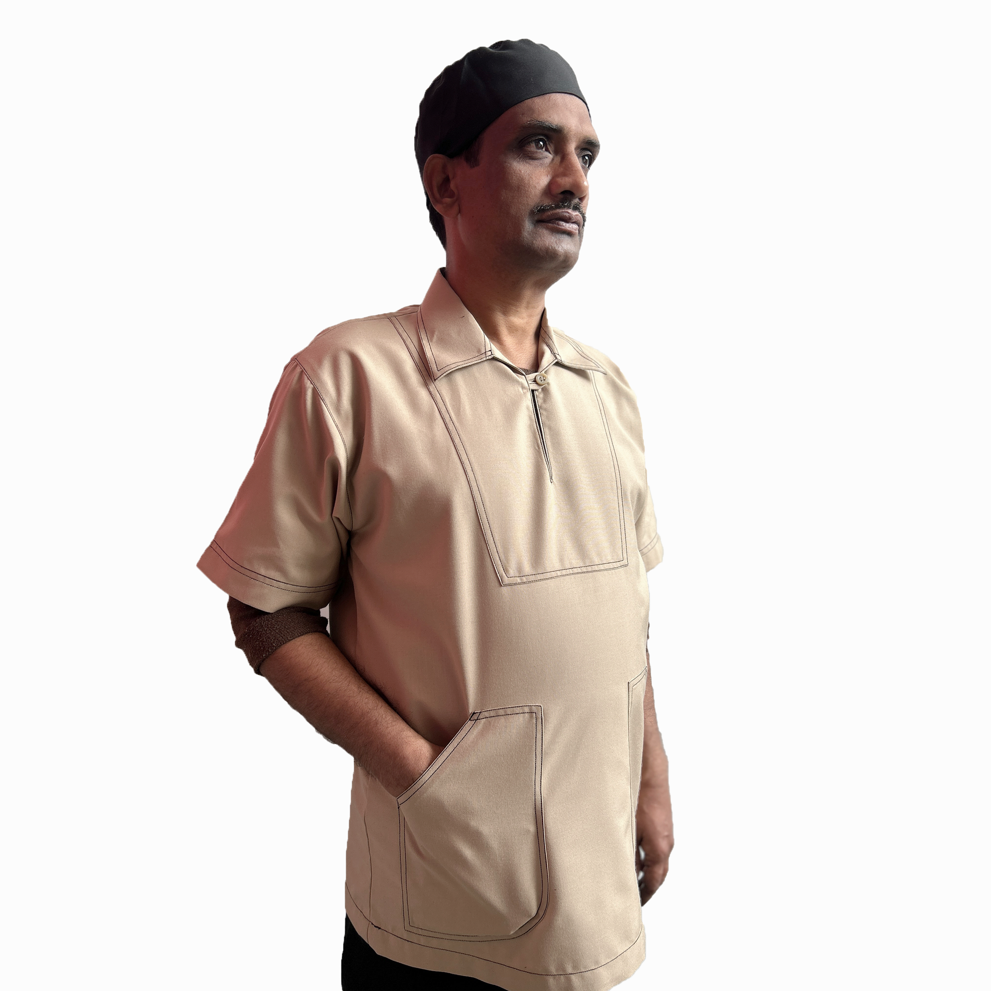 Beige Unique Neck Style Utility Shirt