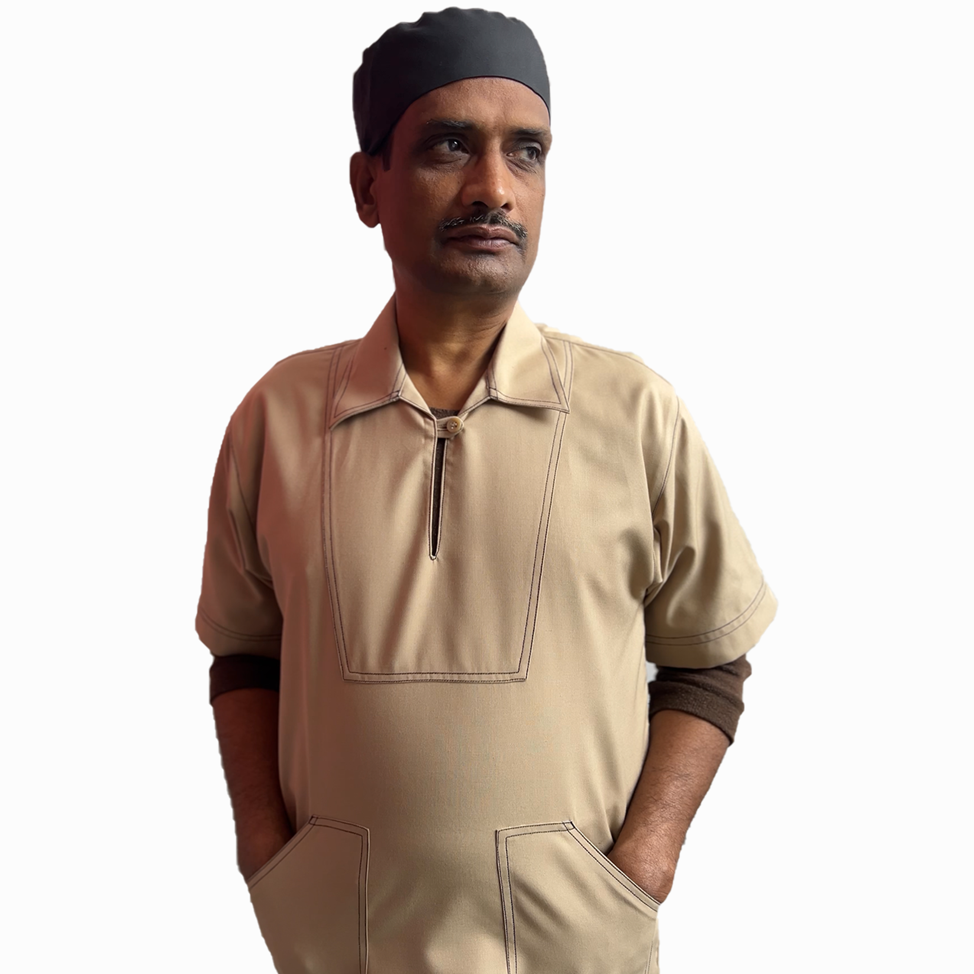 Beige Unique Neck Style Utility Shirt