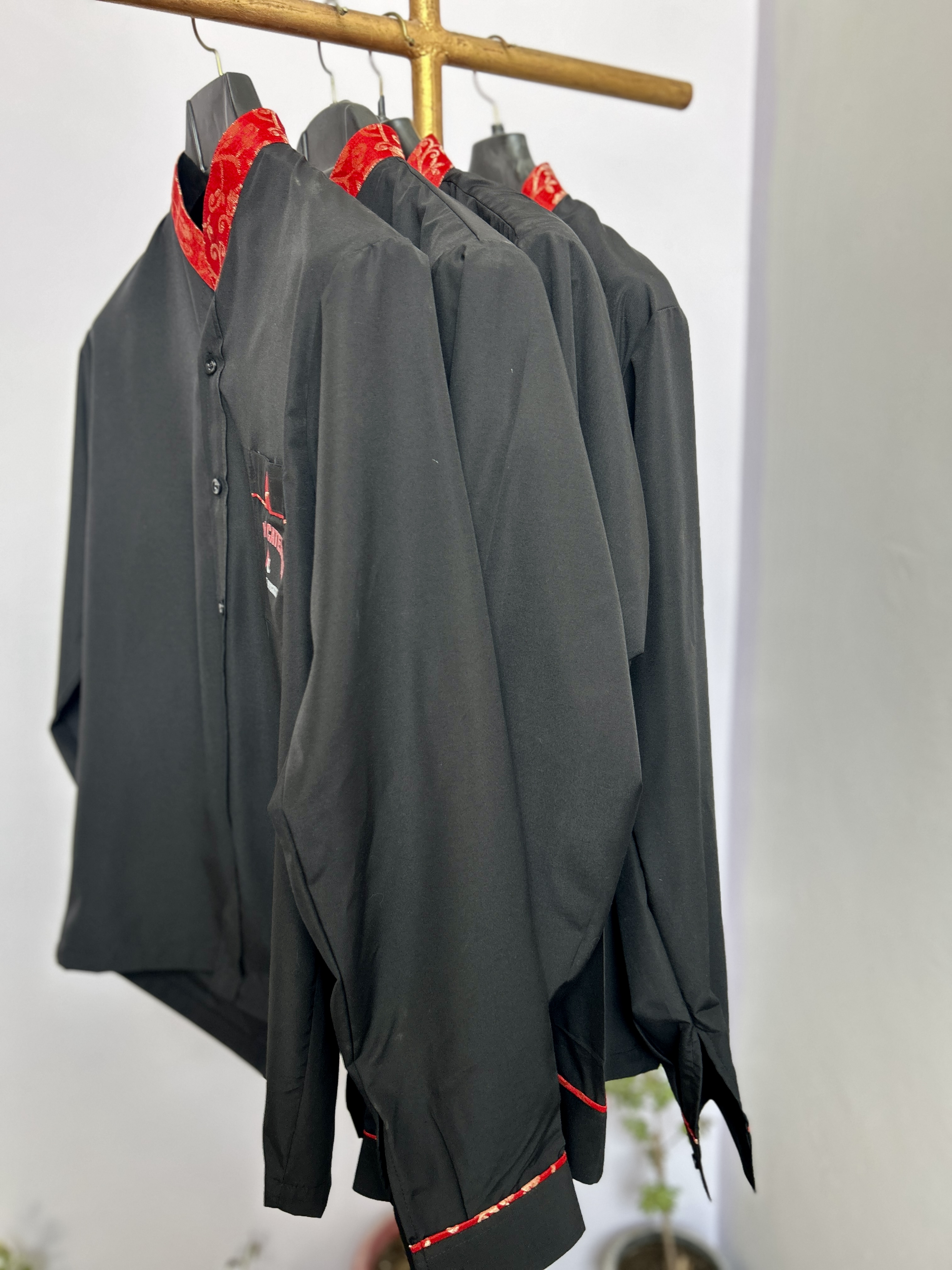 Black Shirt with Red Patterned Collar