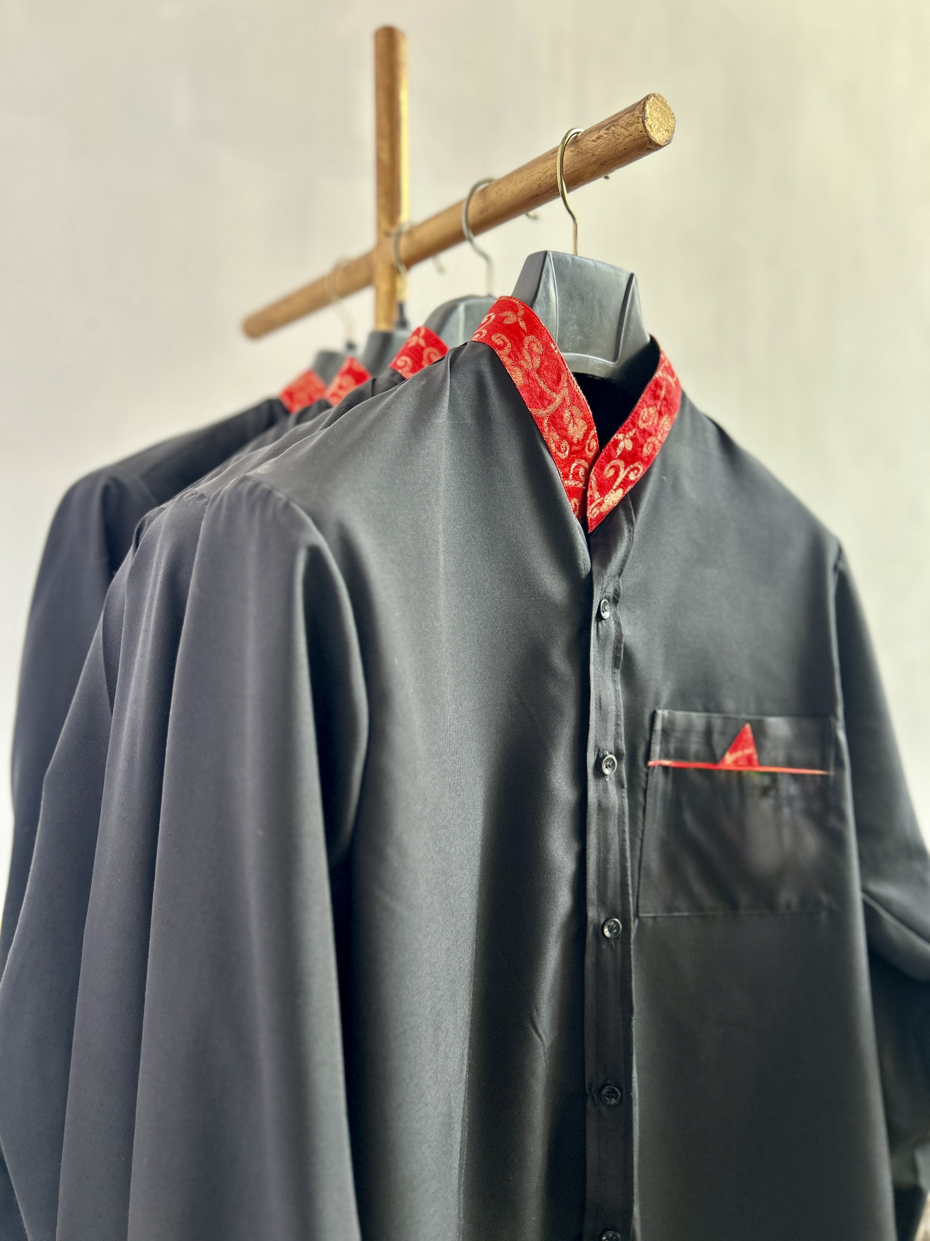 Black Shirt with Red Patterned Collar