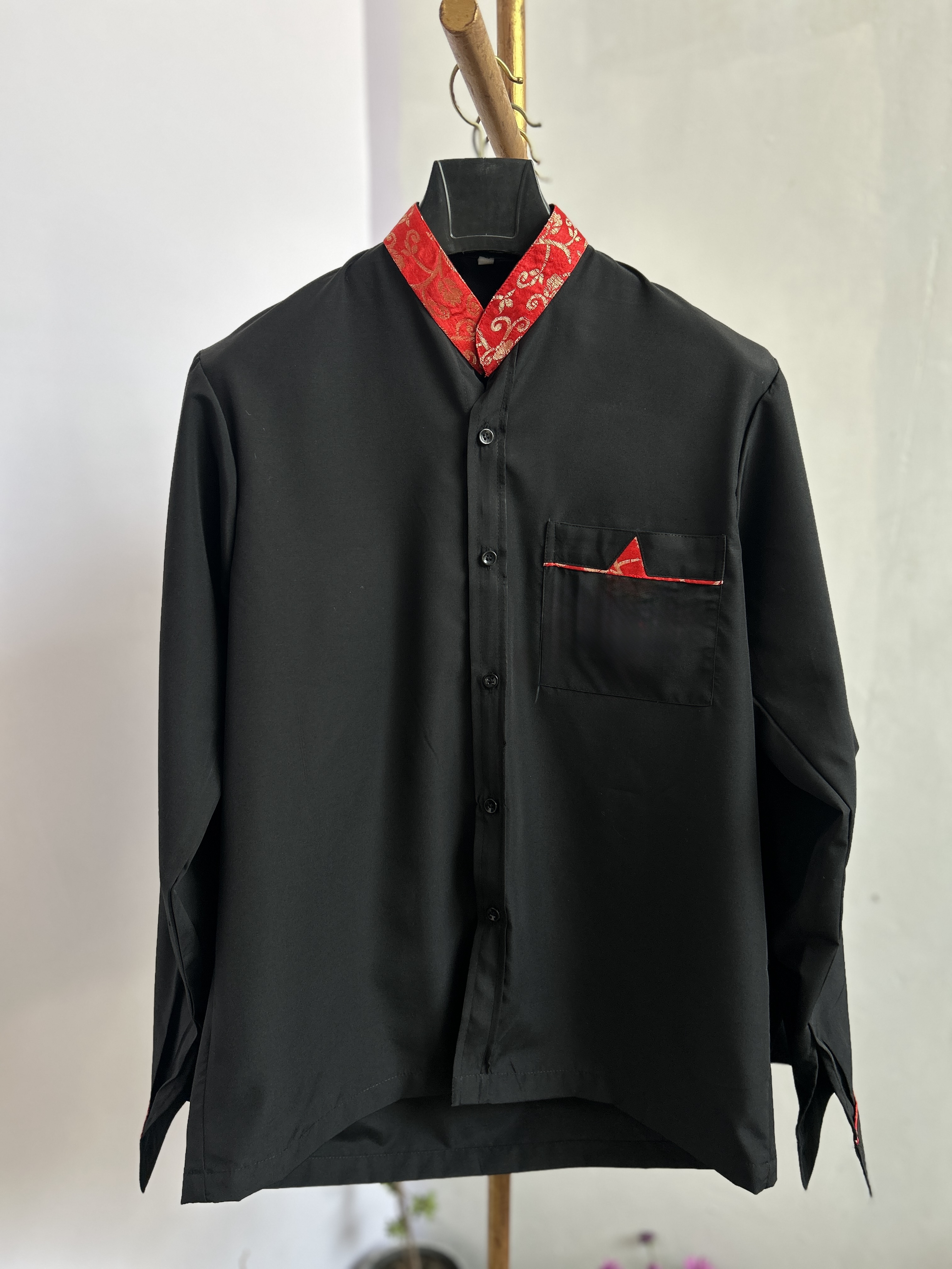 Black Shirt with Red Patterned Collar