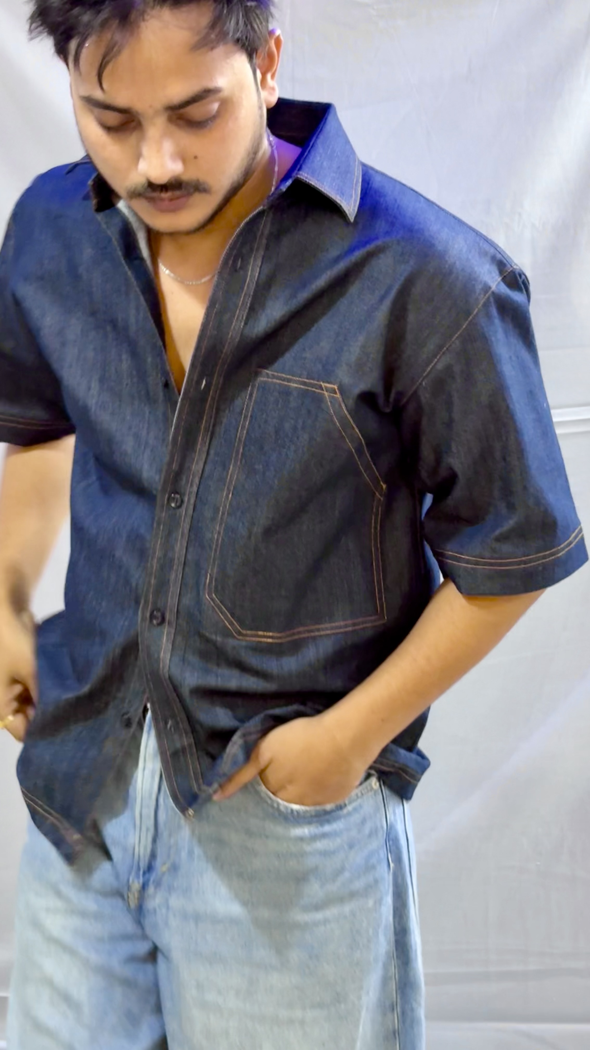 Men’s Heavy-Duty Oversized Denim Shirt – Premium Orange Thread Stitch | Workwear x Streetwear | Unique Pocket Design | Made by Colors Valley Garments