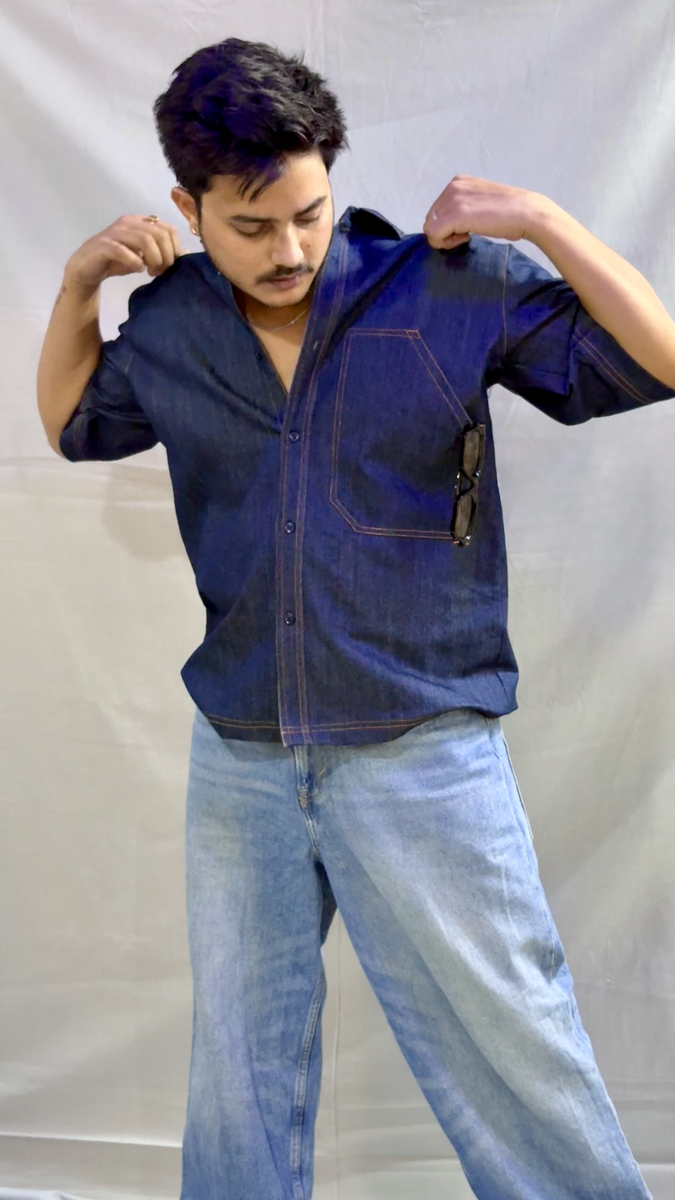 Men’s Heavy-Duty Oversized Denim Shirt – Premium Orange Thread Stitch | Workwear x Streetwear | Unique Pocket Design | Made by Colors Valley Garments