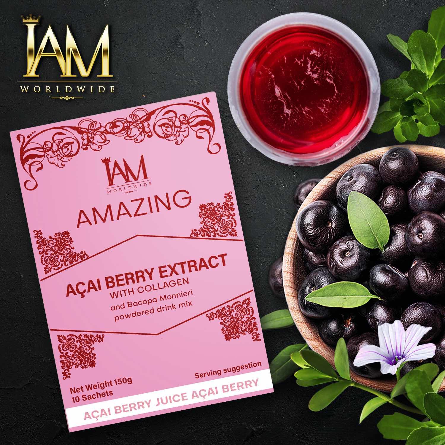 IAM Amazing Acai Berry Extract with Collagen and Bacopa Monnieri Powder Drink Mix