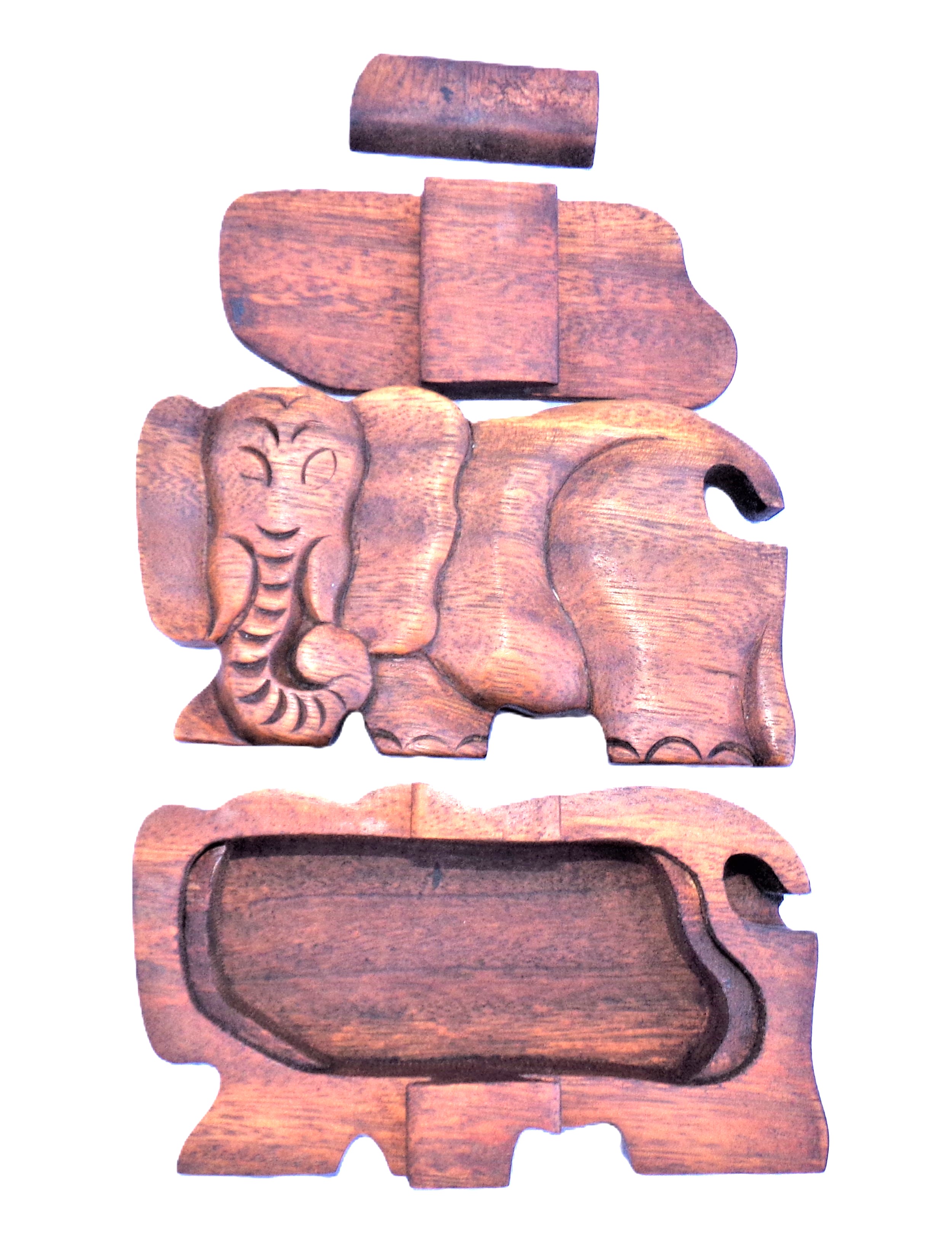 Elephant puzzle jewelry box, wood carving (bxElfTd.)