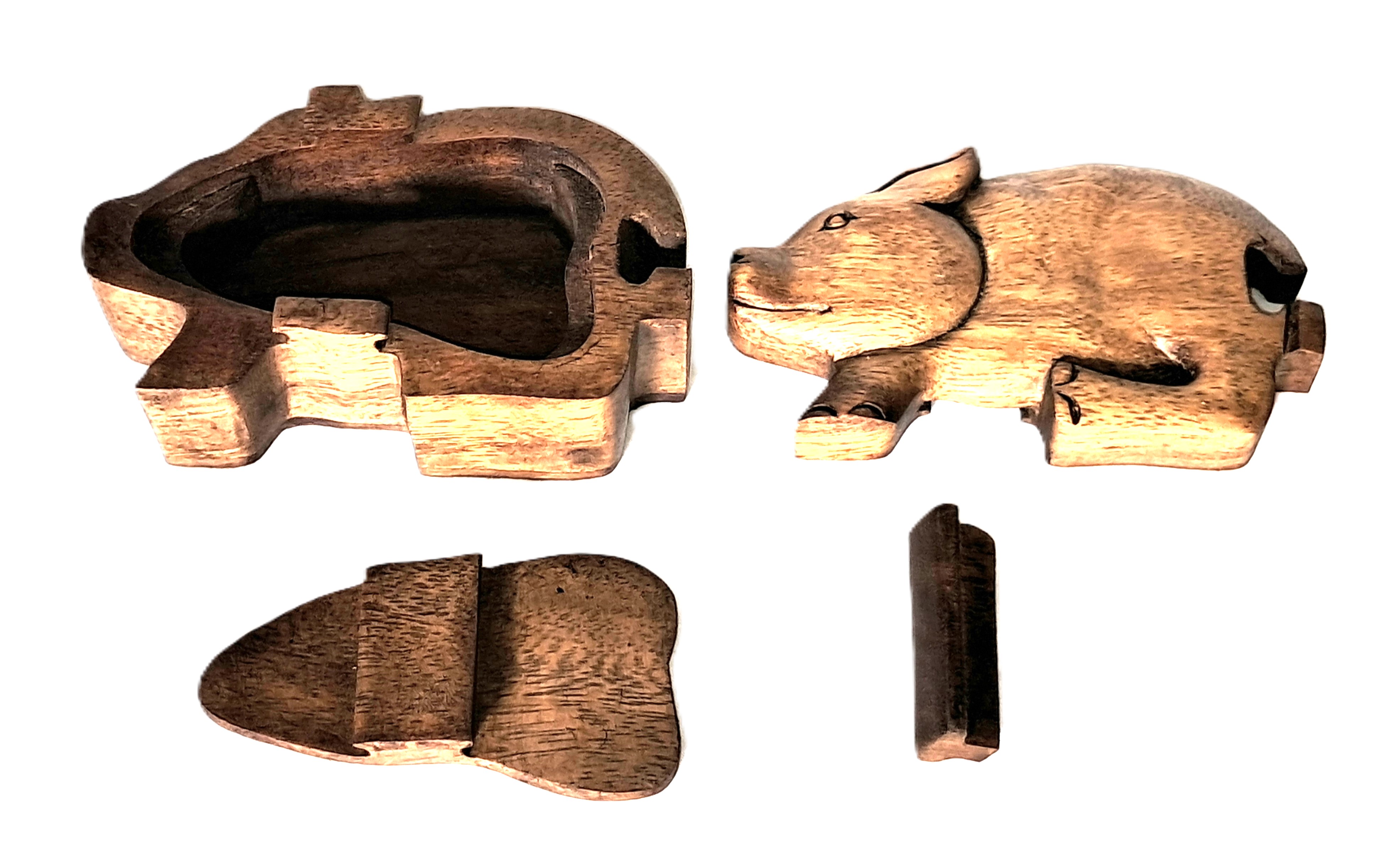 Pig puzzle jewelry box wood carving (bxPg)