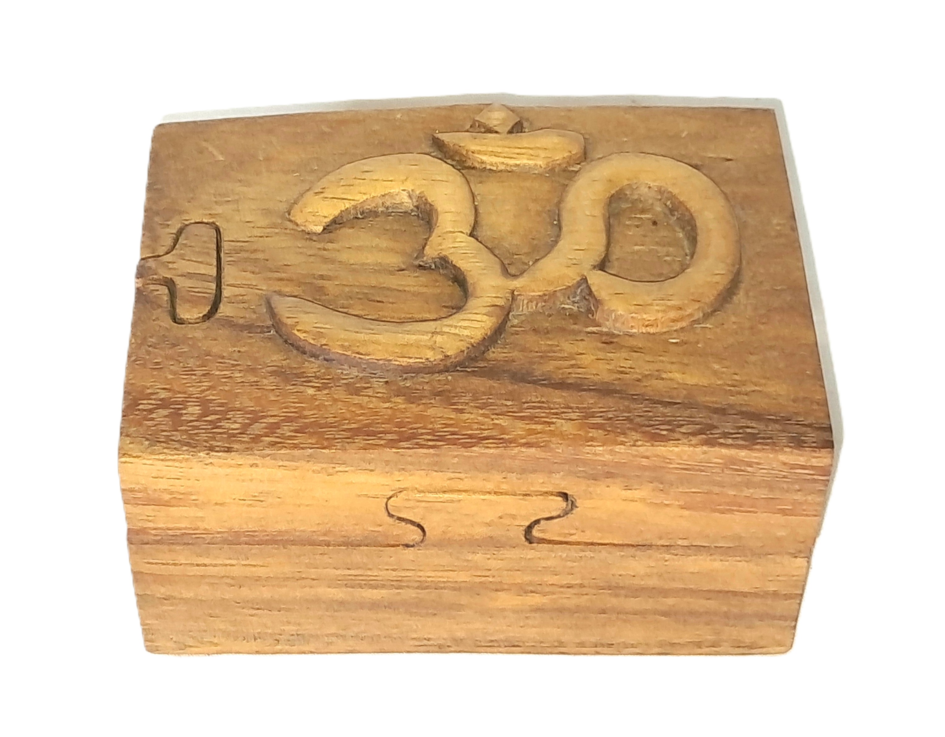Aum puzzle jewelry box wood carving (bxAumRct)