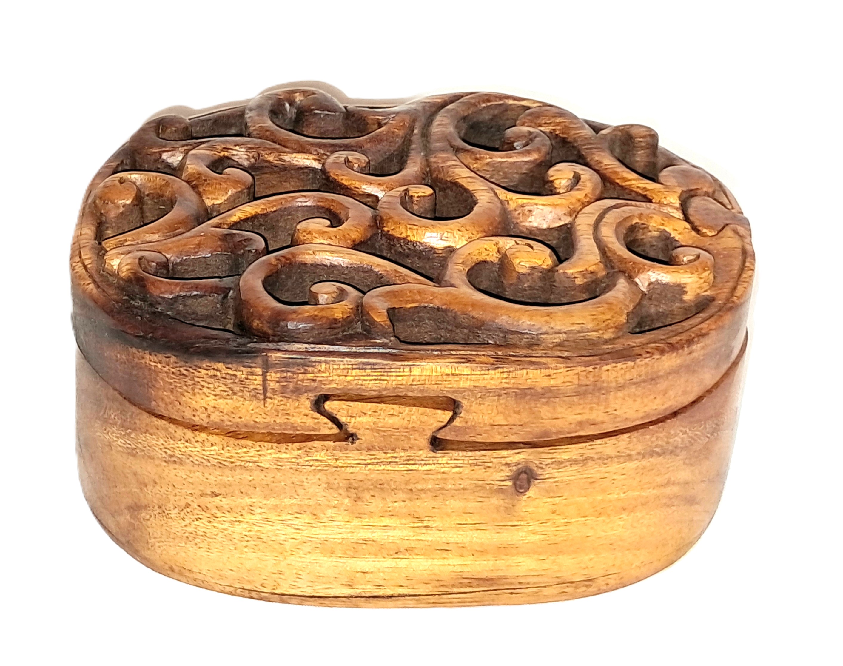 puzzle jewelry box with Celtic design, wood carving.