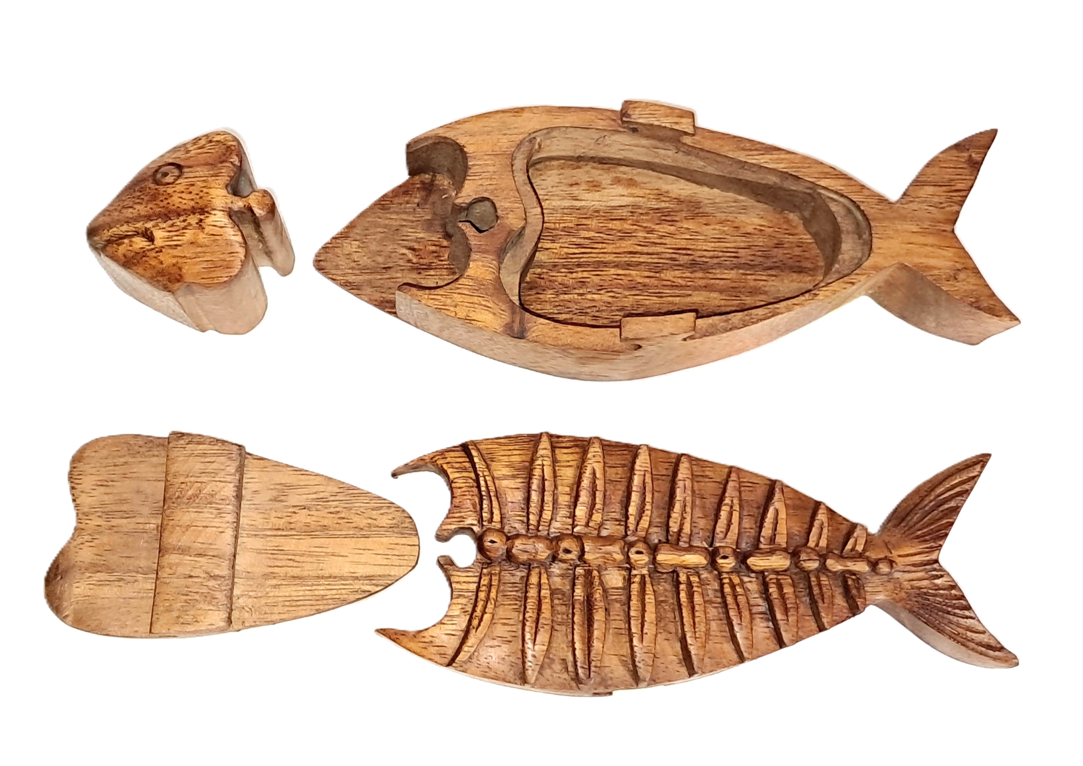 fish puzzle jewelry box, wood carving.