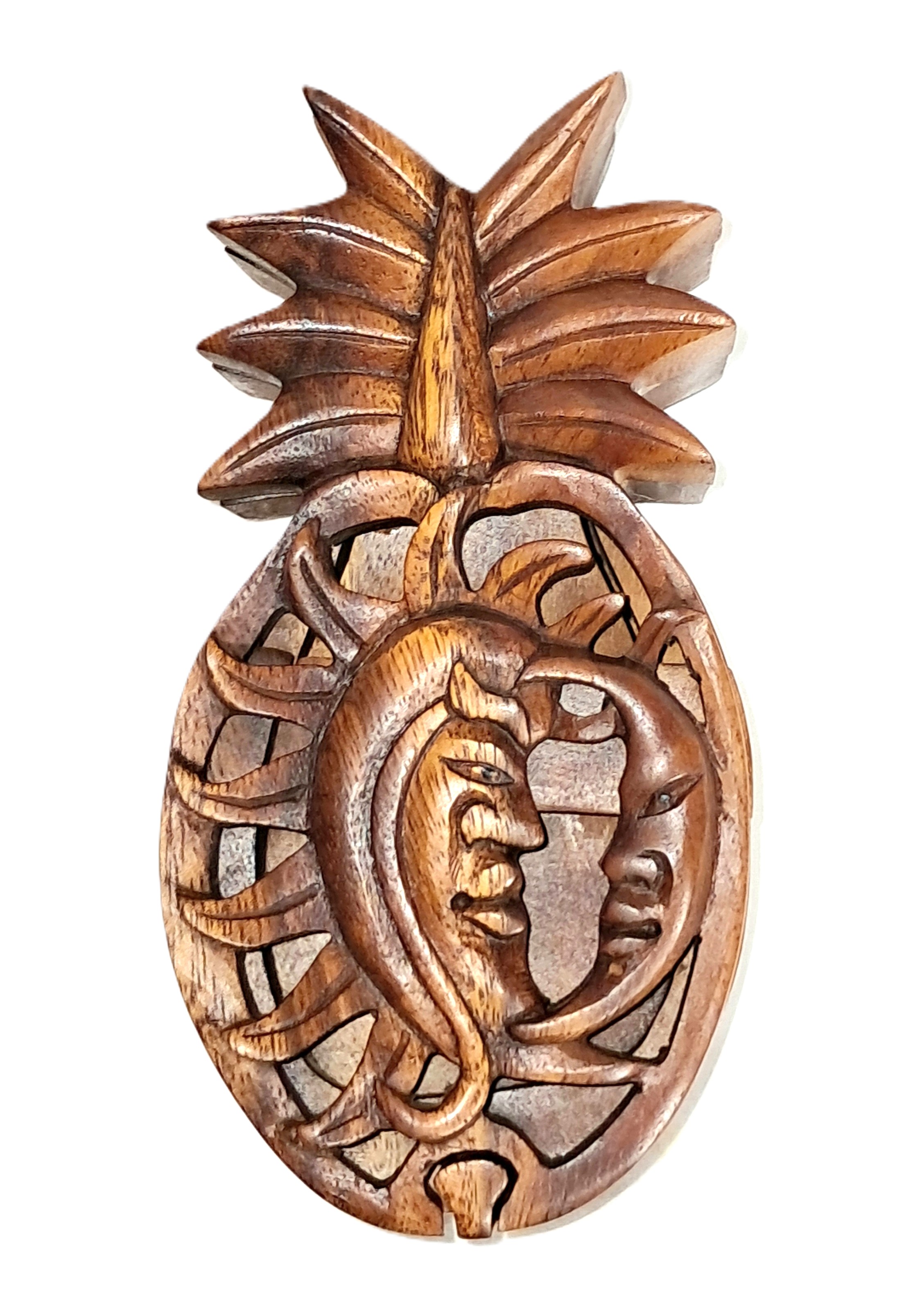 puzzle jewelry box with sun-moon design, wood carving.