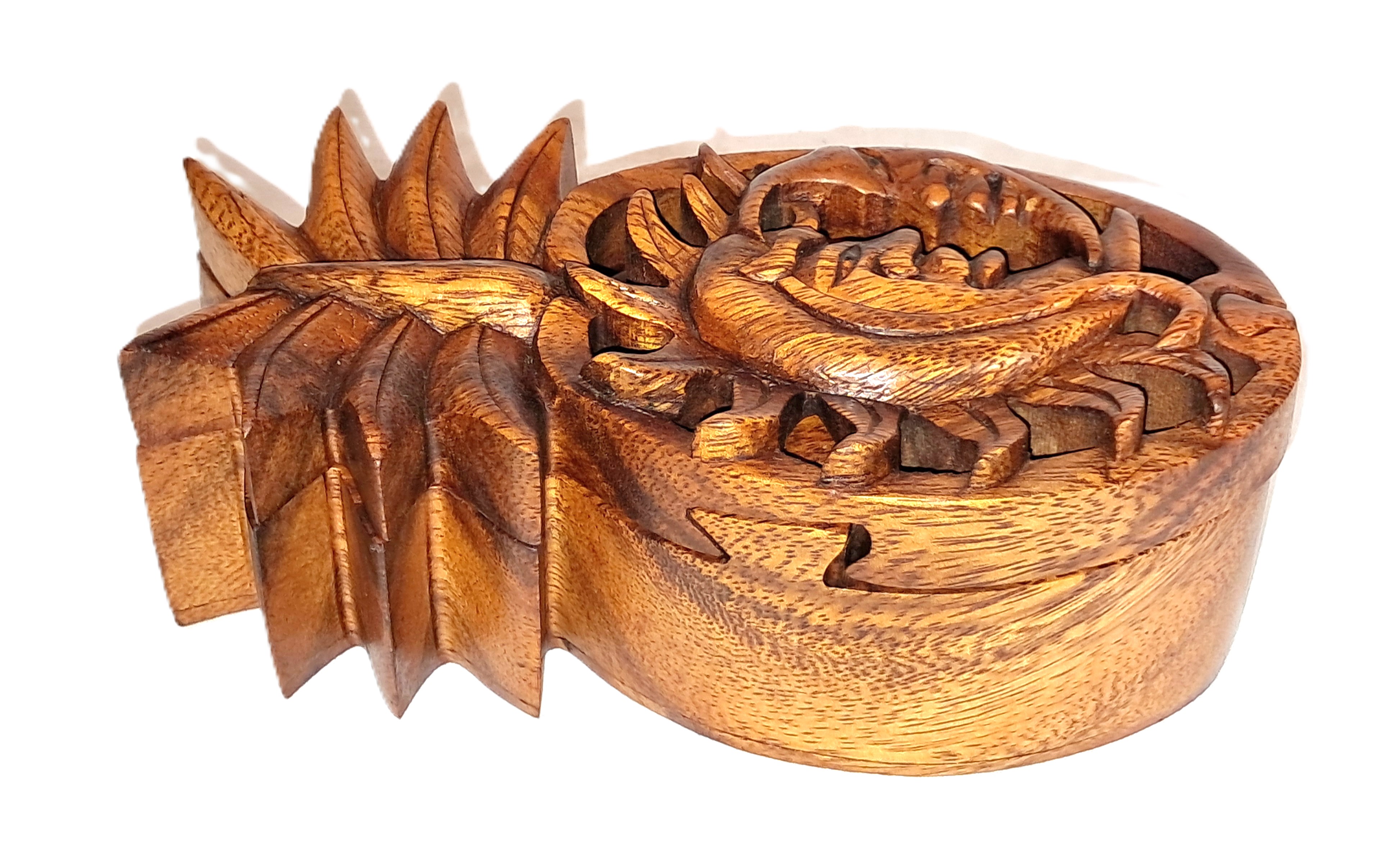 puzzle jewelry box with sun-moon design, wood carving.