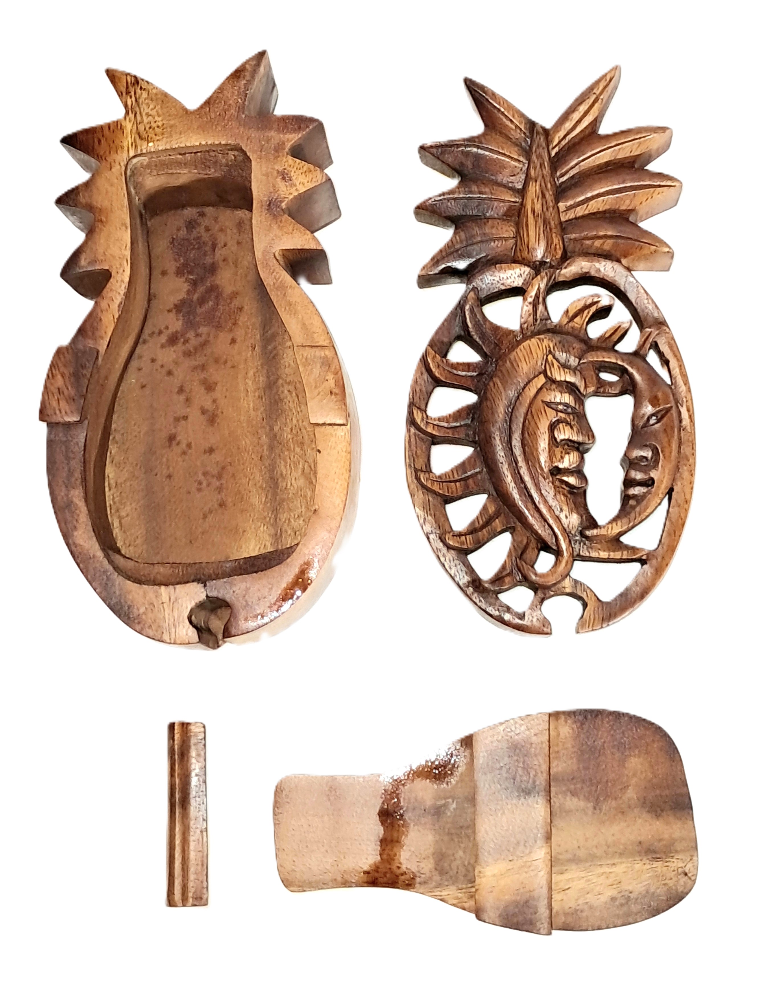 puzzle jewelry box with sun-moon design, wood carving.