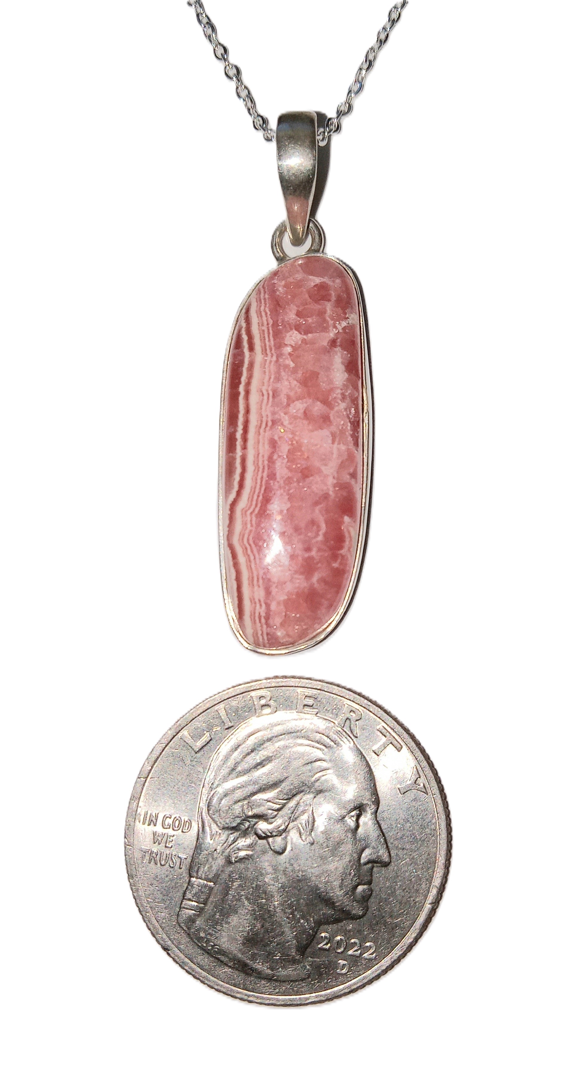 Rhodochrosite pendant set in sterling silver.