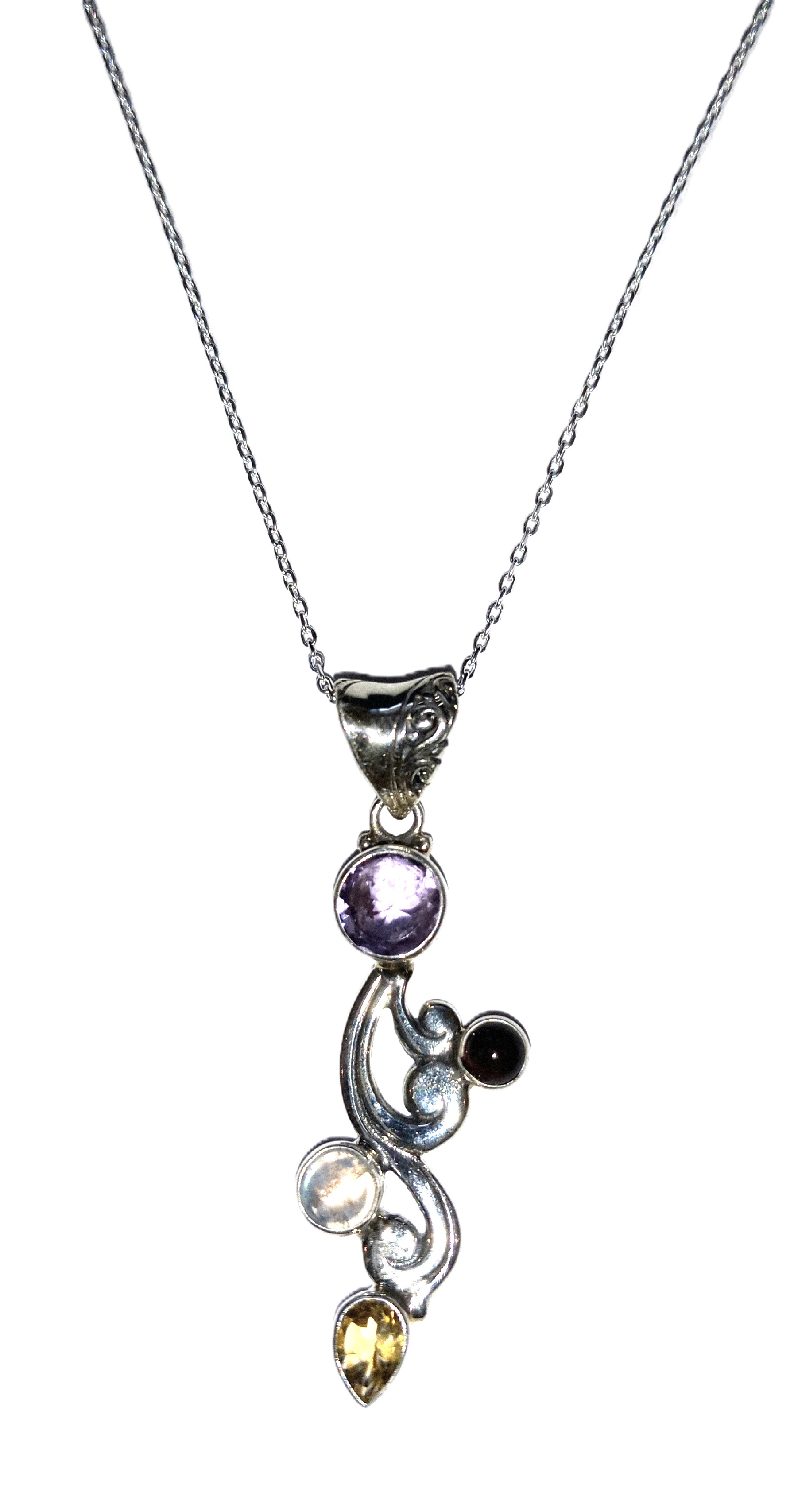 Pendant with multiple stones set in sterling silver.